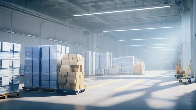 Stacks of packaged goods and cardboard boxes on wooden pallets filling a large, modern distribution center, highlighting the organized process of inventory management and supply chain operations