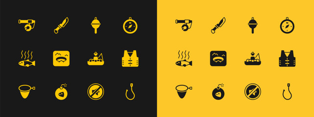 Set Compass, Bomb, Fisherman in boat, Speaker mute, Winter fishing, Fishing float, rod and Knife icon. Vector © Iryna