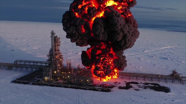 Massive fire and explosion at an arctic oil refinery with dark smoke polluting the air