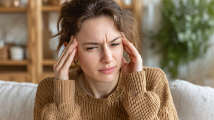 A woman appears to be experiencing a headache or stress, holding her head.