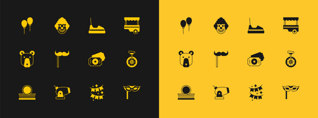 Set Fast street food cart, Cannon, Circus ticket, Carnival garland with flags, Paper mustache stick, Bumper, Balloons ribbon and Clown head icon. Vector © Iryna