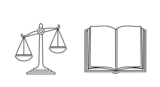 Scales of justice and an open book with the word lex representing law