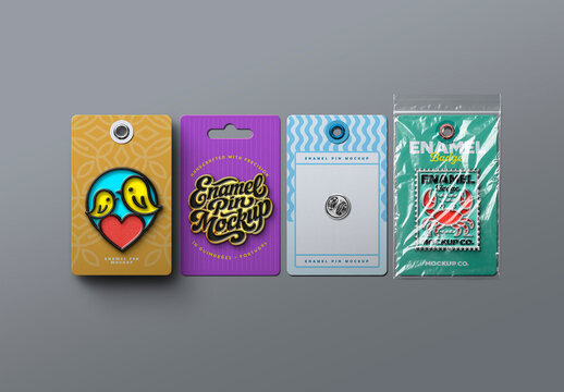 Enamel Pin Mockup Set - Card & Plastic Packaging (4 Objects)