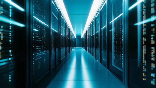 Server racks expanding along a corridor, highlighting modern cloud computing infrastructure, big data storage, and the digital technology driving artificial intelligence and networking