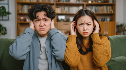 A worried man and woman sitting on a couch in a living room.