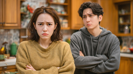 A woman and man with confused or concerned expressions in a kitchen.