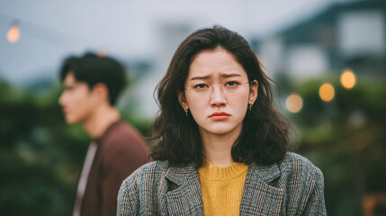 A young woman with a concerned expression outdoors, blurred background with another person.