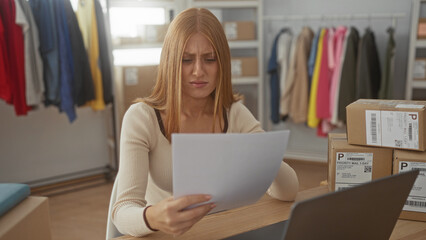 Woman holding invoice and pointing at shipping label amid stacked parcels and clothing rack in...