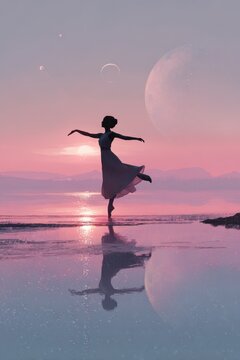 Dancing silhouette of a woman at the lakeside with a moon and distant planet reflected in pink and blue twilight