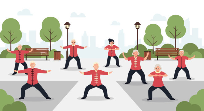 Group outdoor exercise class with stretching in a park during a bright morning, showcasing teamwork and active lifestyle.