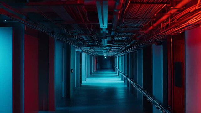 Server room corridor lined with towering server racks and tangled cables, bathed in red and blue neon glow for a futuristic high tech data center atmosphere
