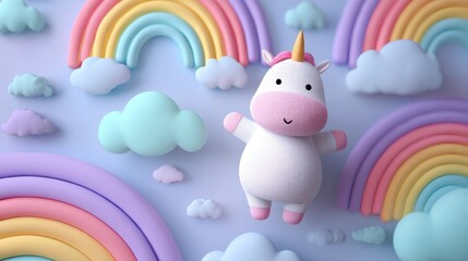Cute unicorn amidst colorful rainbows and fluffy clouds in pastel sky.