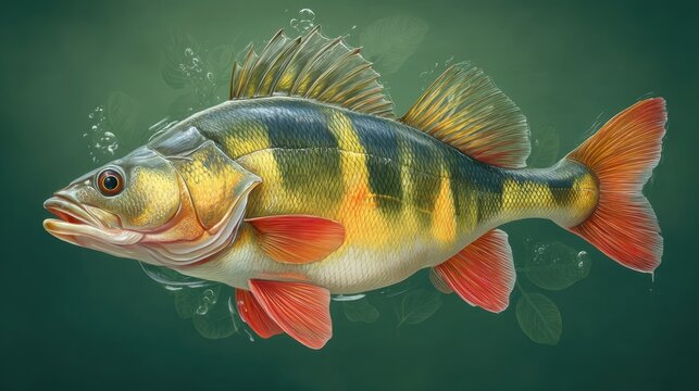Vibrant yellow perch with red fins in green water background.