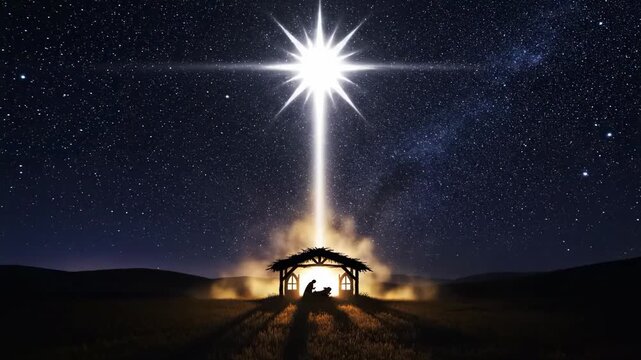 Christmas miracle under the stars, featuring the bright Star of Bethlehem illuminating the nativity stable silhouette for holiday promotions and religious broadcasts.