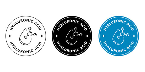 Round hyaluronic acid sticker for cosmetic packaging. Hydrating skincare badge with molecule icon.