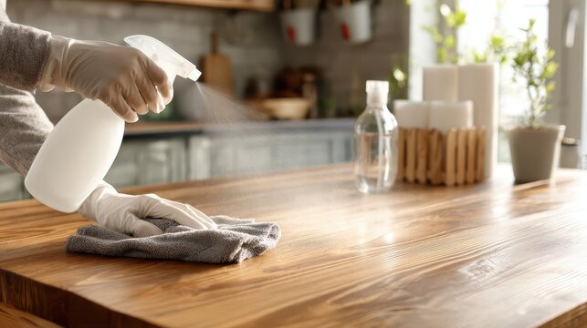 Home kitchen sanitizing scene: gloved hands spray a disinfectant and wipe a wooden table surface