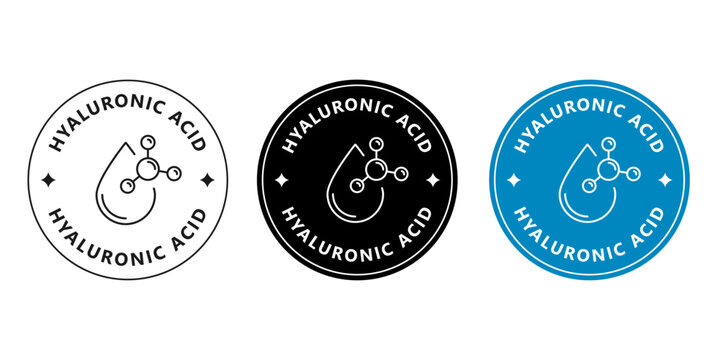 Round hyaluronic acid sticker for cosmetic packaging. Hydrating skincare badge with molecule icon.