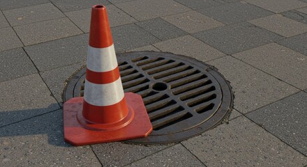 A traffic cone on a sidewalk next to a metal storm drain grate