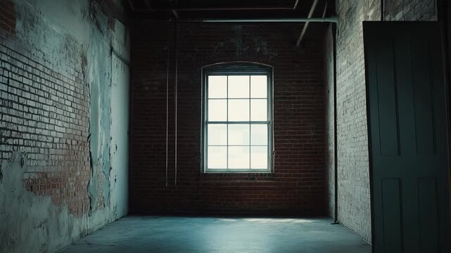 Empty, abandoned room featuring exposed brick walls, peeling paint, a single window illuminating the space with bright light, and an open doorway suggesting transition or departure