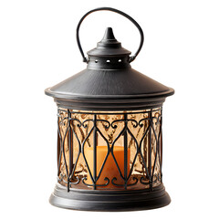 A vintage lantern with intricate cutouts and a handle on top