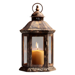 An antique brass lantern with a candle inside, casting a warm glow