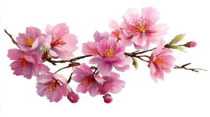 Obraz premium Pink cherry blossoms in bloom on branch with white background.