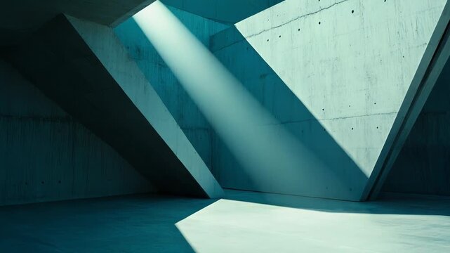Brutalist architecture featuring a complex interior with clean concrete walls and beams, creating striking abstract patterns of light, shadow, and geometric forms