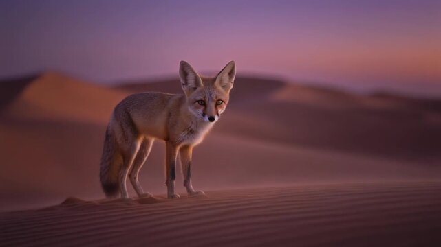 Celebrating World Wildlife Day with a serene fennec fox in the desert at dusk, 3D rendered scene
