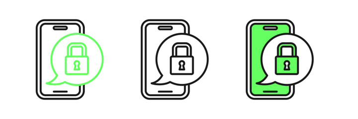 Set line Smartphone with closed padlock icon isolated on white background. Phone with lock. Mobile security, safety, protection concept. Vector