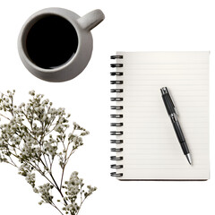 A cup of coffee with a pen and notebook on a white background with flowers