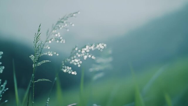Green grass blades are adorned with glistening dew drops, reflecting the refreshing essence of a tranquil morning in a vibrant natural environment, creating a sense of growth and renewal