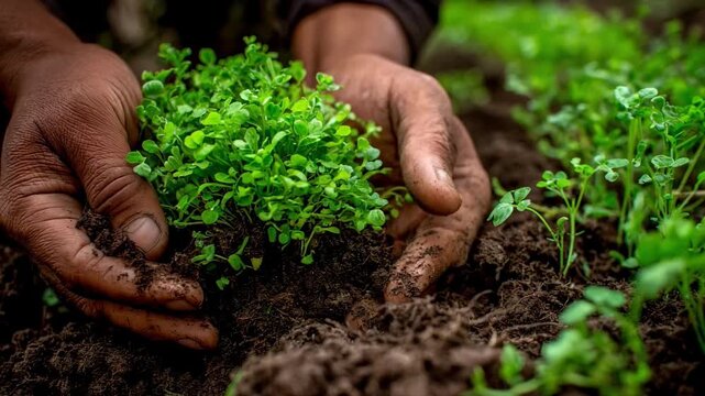Closeup of hands mixing vibrant green manure plants into soil to boost organic matter and improve soil health efficiently.