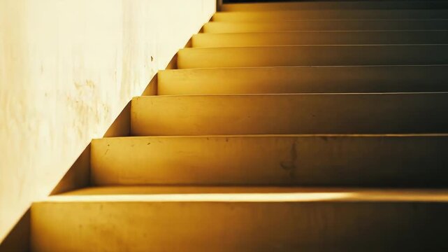 Concrete staircase creating a visual rhythm of steps and shadows, featuring a clean minimalist design with bright sun casting warm light on the treads and risers
