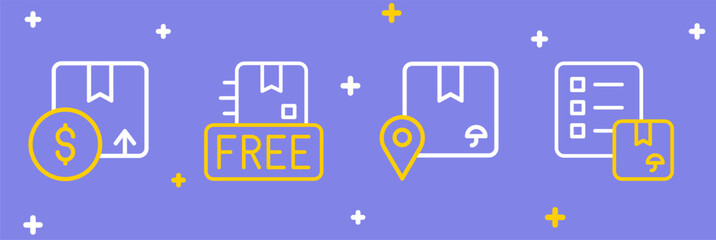 Set line Verification of delivery list, Location with cardboard box, Cardboard free symbol and Carton icon. Vector