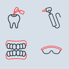 Obraz premium Set line Tooth drill, Dentures model, Safety goggle glasses and with caries and icon. Vector