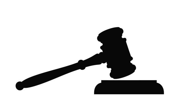 A black silhouette of a gavel resting on a sound block symbolizing justice