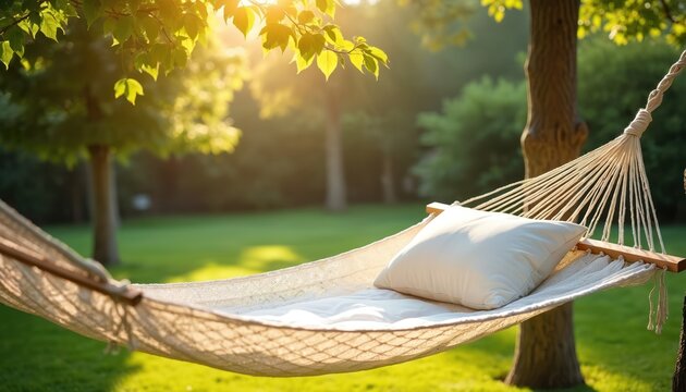Empty white hammock with pillow hangs between trees in a sunny garden yard. Offers peaceful outdoor rest and comfort on green lawn with soft light.