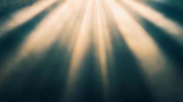 Bright rays pierce a hazy dark atmosphere, creating a glowing, ethereal scene that suggests divine presence, spiritual illumination, hope and serene, heavenly light
