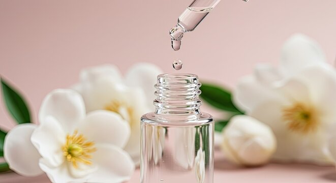A small glass bottle with a dropper dropping a clear liquid, surrounded by white flowers on a pink background