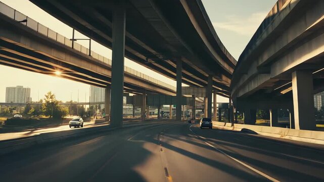Complex highway overpasses create a multi layered urban landscape as traffic moves along roads, highlighting modern transportation and interconnected city infrastructure in warm sunlight