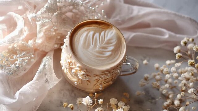 Ornate white coffee cup with latte art surrounded by dried flowers and delicate lace fabric, elegant vintage aesthetic flatlay composition