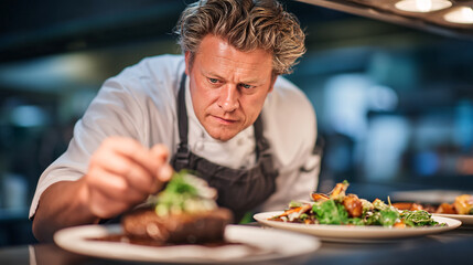 A chef carefully garnishes a dish in a professional kitchen.