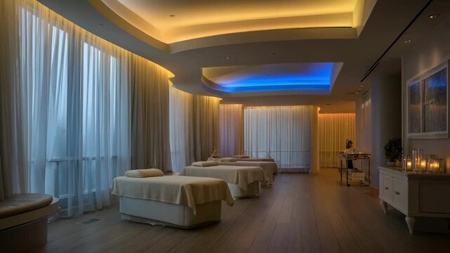 Adjustable colorful LEDs cast soothing hues across a serene treatment space enhancing the calming environment of a wellness spa.