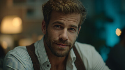 Obraz premium A man with a beard and wavy hair, looking at the camera indoors.