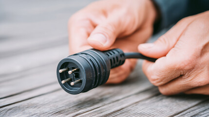 Person holding a black electrical power plug with a wooden surface background.