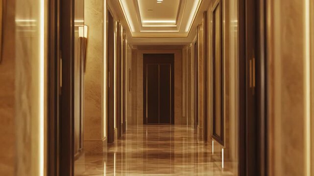 Long elegant hotel corridor featuring sophisticated design, reflecting ambient lighting on a polished marble floor, creating a feeling of luxury and exclusivity within a modern interior