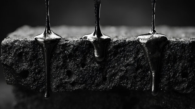 Macro of black viscous liquid flowing over porous stone texture