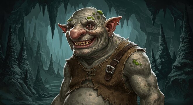 A grotesque, muscular creature with pointed ears and a menacing grin stands in a dark, mysterious cave