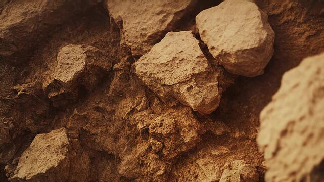 Weathered layered rock and dry soil showing rough, earthy brown textures and crumbling sedimentary layers, close up abstract landscape pattern of erosion and geology
