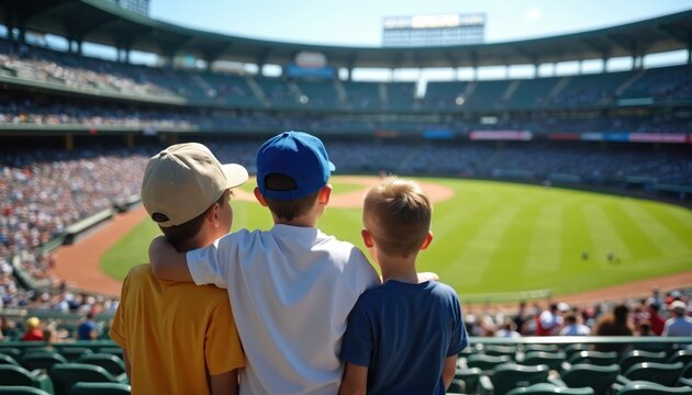 Three young boys watch a baseball game from stadium seats. Friends share a sunny day cheering for their favorite team. Kids enjoy sport with parents in ballpark.
